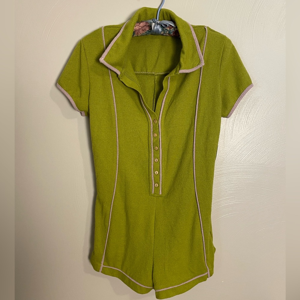 Free People Lime Green Short Sleeve Knit Romper with Pink Trim
